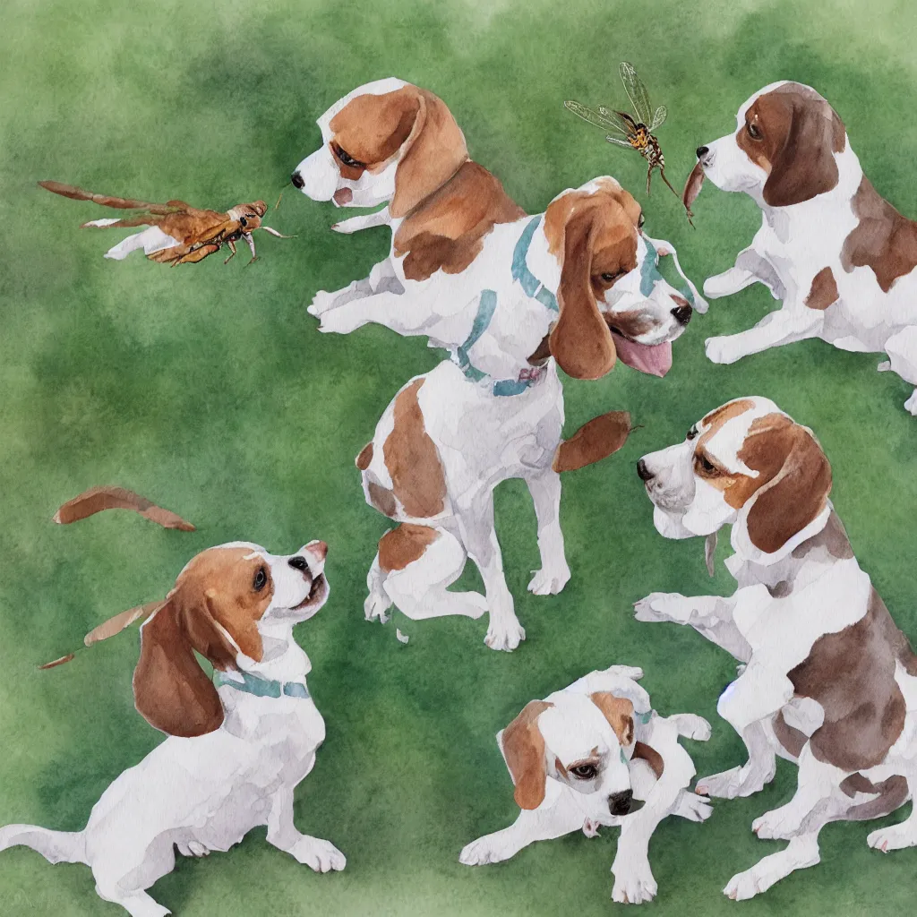 Image similar to water color painting of a white and caramel beagle dog playing with dragonfly in a backyard, harsh lighting, detailed, trending on artstation, dull pastel colors, bright, god rays, dreamy, trending on artstation