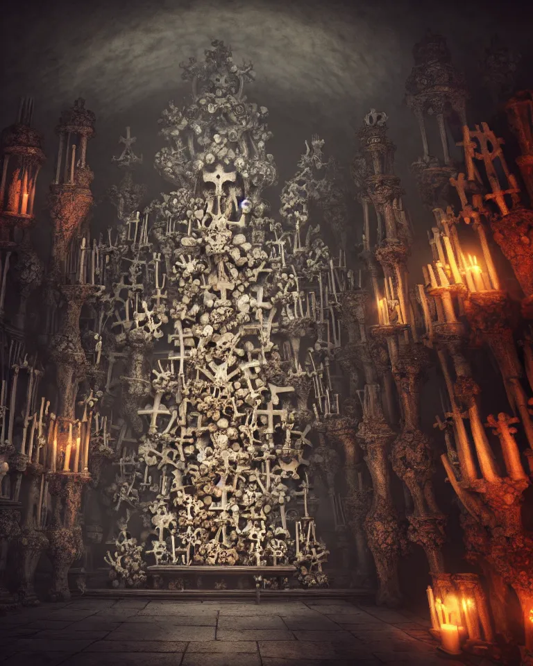 Image similar to full color, low ultrawide interior shot of sedlec ossuary, bones, anime style mixed with fujifilm, dark, foggy, atmospheric, artstation, cgsociety, octane render, cgi, denoise, detailed, cinematic masterpiece