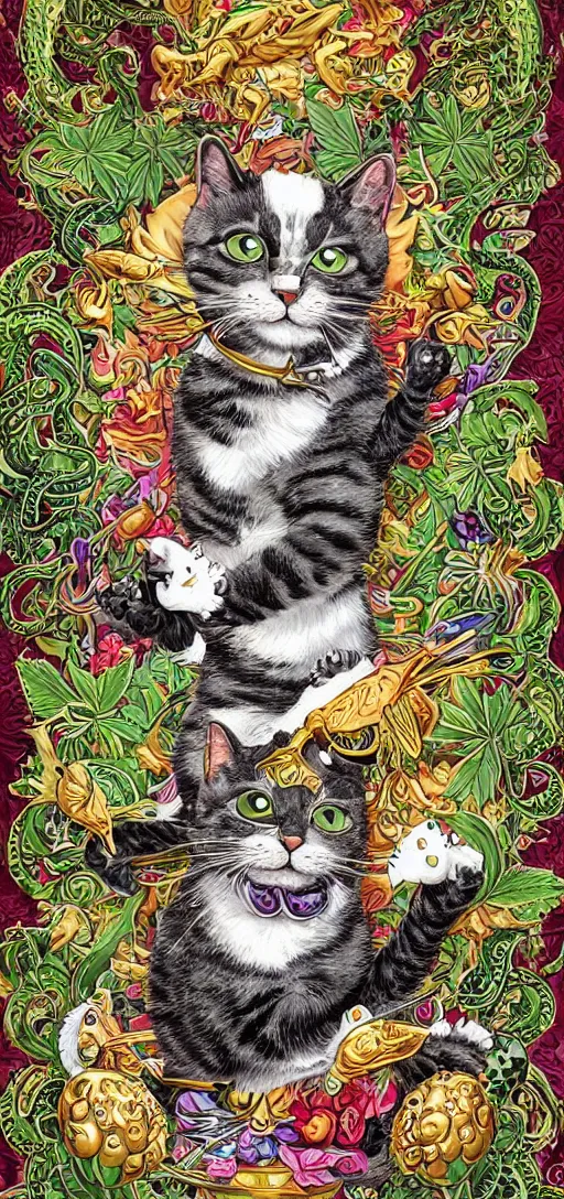 Prompt: ”happy smiling cat holding a marifuana weed, marijuana leaves and joints and bongs swirling in the background, [ultra detailed, contrast, ornate and intricate, art by joe fenton]”