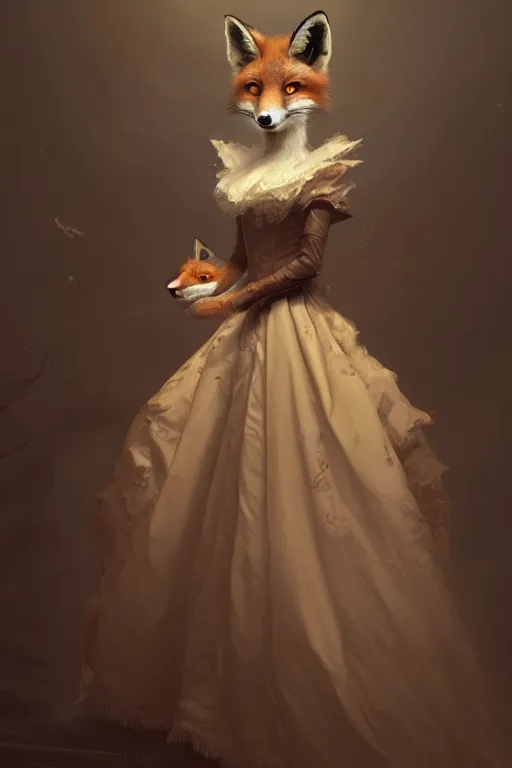 Prompt: portrait of an anthropomorphic fox in a victorian - era ballgown, dramatic lighting, highly detailed, digital painting, artstation, concept art, smooth, sharp focus, illustration, art by wlop, mars ravelo and greg rutkowski