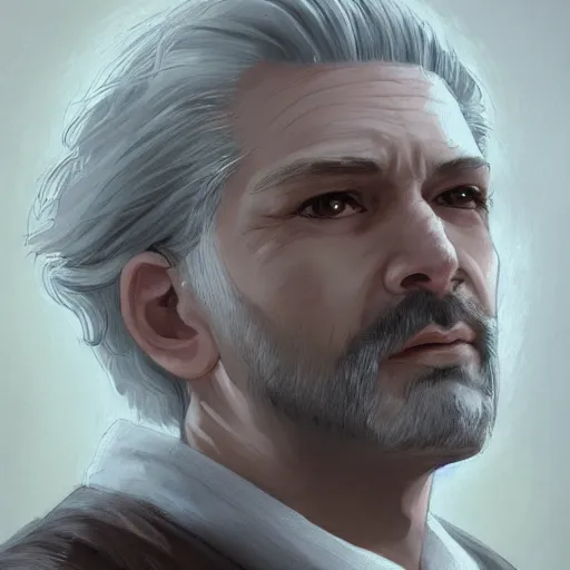 Prompt: epic portrait a beautiful man wearing a white blouse with short sleeves, Long gray hair, scars, beard, cool, digital painting, artstation, concept art, soft light, hdri, smooth, sharp focus, illustration, fantasy, intricate, elegant, highly detailed, D&D, matte painting, in the style of Greg Rutkowski and Alphonse Mucha and artemisia, 8k, highly detailed, jurgens, rutkowski, bouguereau, pastoral, rustic, georgic, detailed concept art, illustration, colorful pastel, painting, detail, ultra detailed, digital art, 4K,