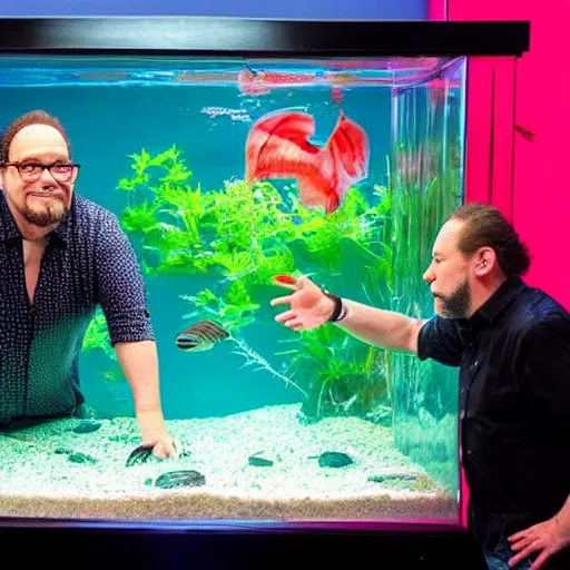 Image similar to penn and teller swimming in a fish tank together