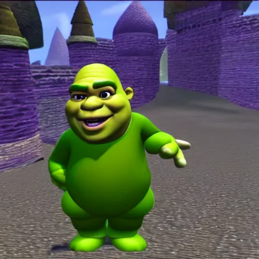 Image similar to shrek wearing clothes as a character in super mario 6 4