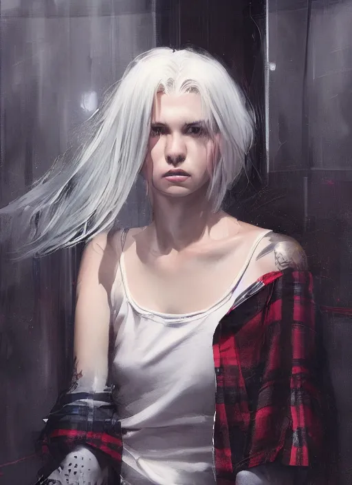 Image similar to white haired girl in a miniskirt sitting on a window, plaid skirt, cyberpunk, expressive oil painting, night, highly detailed, trending on artstation, by artgerm, by greg rutkowski, beautiful detailed face, vivid colors