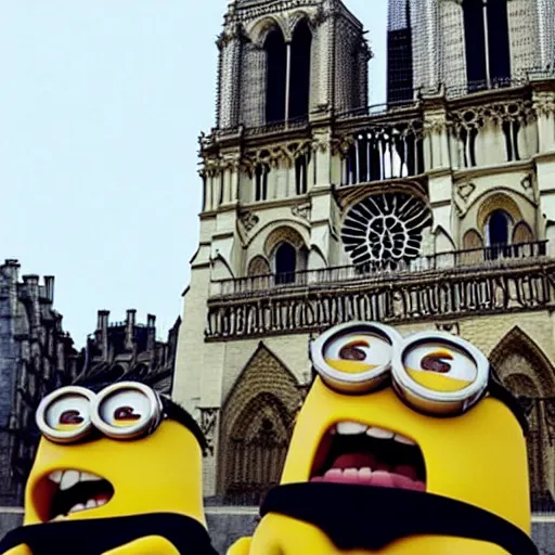 Prompt: “minions laughing after burning down the Notre dame”