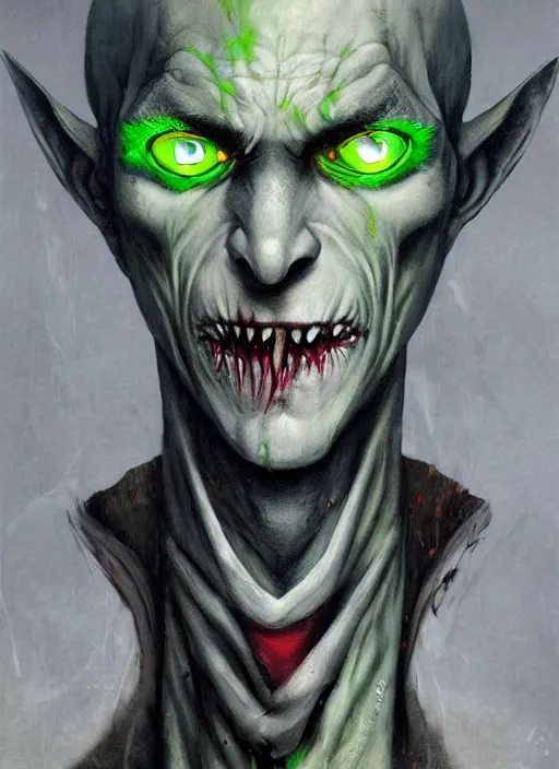 Prompt: a Demon Slayer portrait of Nosferatu, tall, pale-skinned, slender with lime green eyes and long eyelashes by Stanley Artgerm, Tom Bagshaw, Arthur Adams, Carne Griffiths, trending on Deviant Art, street art, face enhance, chillwave, maximalist, full of color, glittering