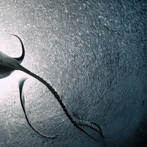 Prompt: giant squid in the ocean abyss, real footage, spot light, dark background,