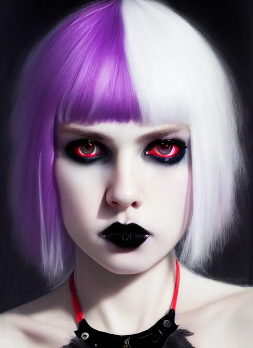 Image similar to portrait of white teenage girl, normal face, black bangs, mall goth, cyberlox, black and white hair, bangs, fluffy bangs, red contact lenses, purple lipstick, intricate, elegant, highly detailed, digital painting, artstation, concept art, sharp focus, smooth, illustration, art by wlop, mars ravelo and greg rutkowski