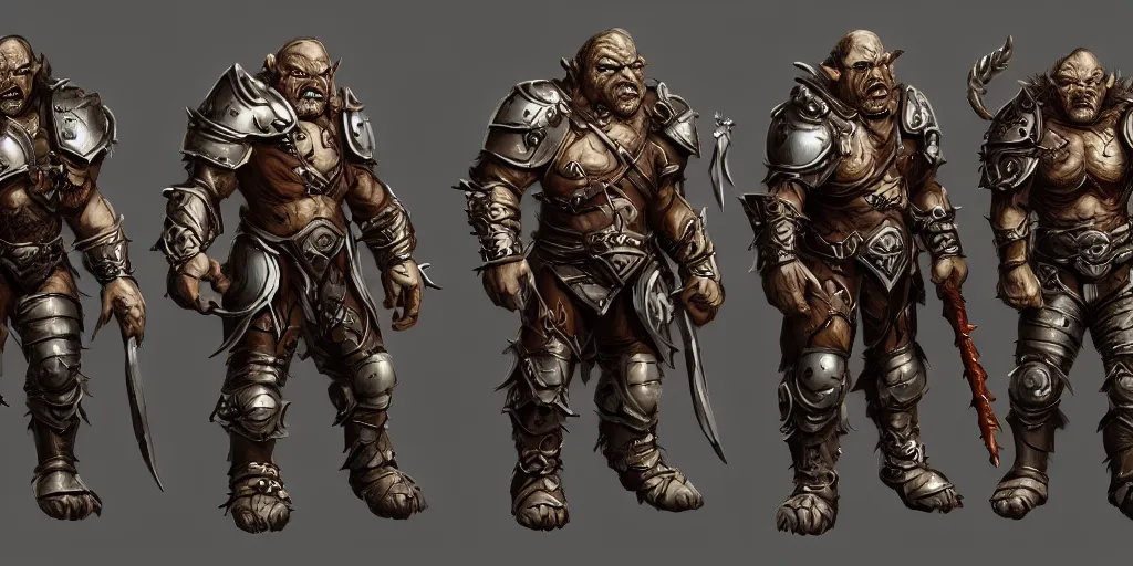 Image similar to three different views of orcs in armour, intricate concept art by senior character artist, trending on artstation, artstation hd, full body, 2 d game art