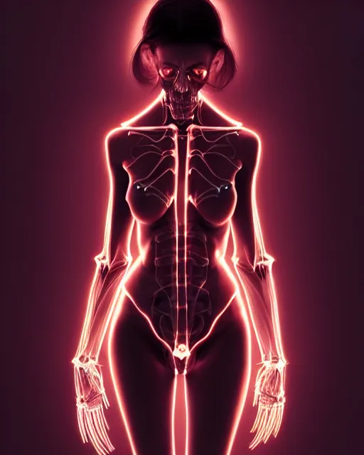 Prompt: female posing sensual figure x - ray, skeletal, glowing veins under translucent skin, highly detailed skin, bioluminescent, plasma, greg rutkowski, 8 k trending on artstation