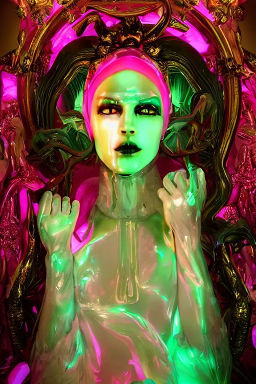 Image similar to photo of fullbody rococo and cyberpunk delicate neon crystalline sculpture of seductive muscular onyx albino marble royal zayn malik teal iridescent humanoid deity wearing hotpink plastic hooded cloak holding an onyx skull in a ruby space dungeon, reclining, glowing orange face, crown of white skulls, cinematic lighting, photorealistic, octane render 8 k depth of field 3 d