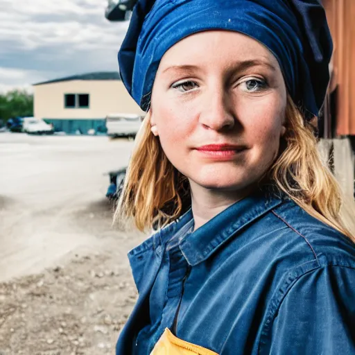 Image similar to the real life version of the girl with a pearl earring living her life as a mechanic in a small town, still from a local magazine, high quality photography,