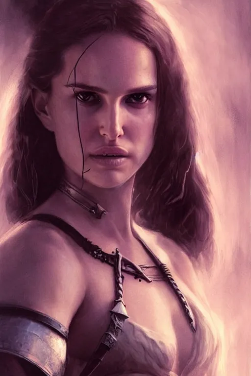 Prompt: young natalie portman, battle warrior, lord of the rings, tattoos, decorative ornaments, greg rutkowski, perfect face, fine details, realistic shading, photorealism
