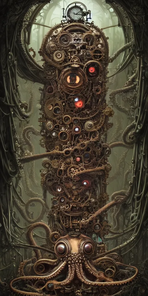 Image similar to biomechanical steampunk creature with robotic parts and big octopus head and (glowing) eyes guarding an ancient chest in a mystic forest, gothic and baroque, brutalist architecture, ultradetailed, creepy ambiance, artgerm, giger, Intricate by Ellen Jewett and Josan Gonzalez and Giuseppe Arcimboldo