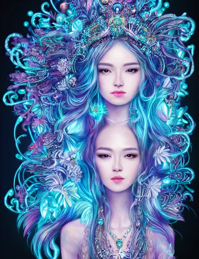 Image similar to goddess portrait by jessica oyhenart in crown made of skull, bioluminiscent, plasma, ice, water, wind, whimmy, super intricate ornaments artwork by 翼 次 方 cg