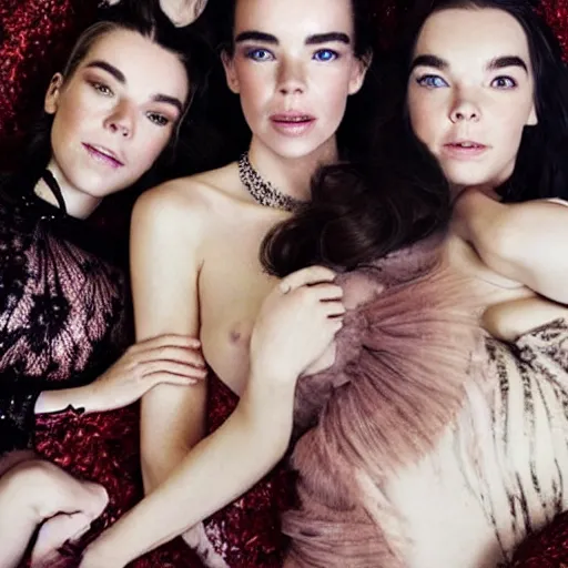 Prompt: stunning vogue magazine photo of dark - haired goddesses vanessa kirby, hailee steinfeld, and bjork smiling, legs intertwined, laying back on the bed, surrounded by adult toys, with wet faces!!, wet lips, smooth skin, perfect eyes, insanely detailed, elegant, by wlop, rutkowski, livia prima, mucha, wlop,