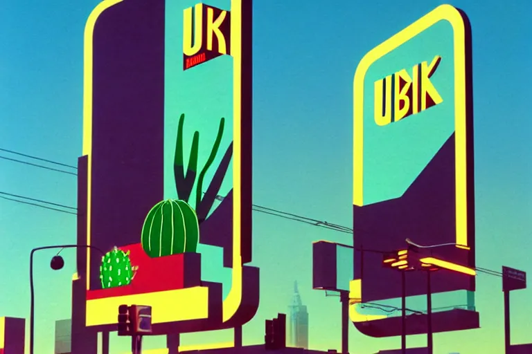 Prompt: an advertisement billboard for 'UBIK', retro-futurism style-art deco style-sci-fi- 3d geometric landscape with cactus