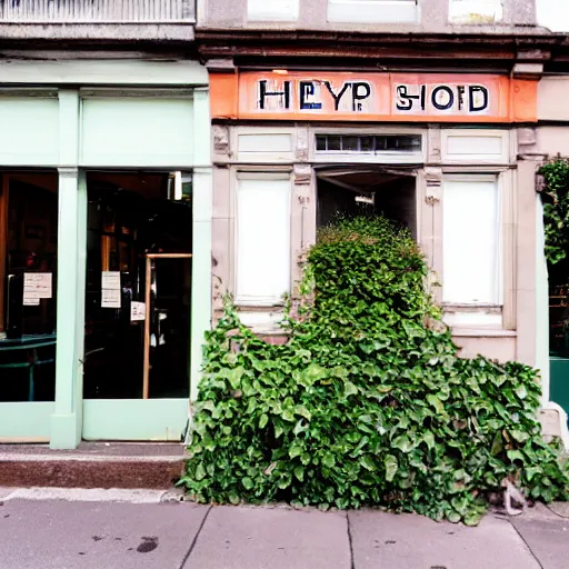 Image similar to a row of shops on main street shot straight-on, one of the shops has ivy pouring out of the door