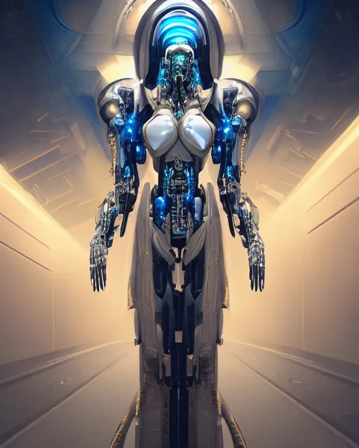 Image similar to benevolent cyborg necromancer, scifi, futuristic, helpful, kind, intelligent, alien room background, white, blue, gold, highly detailed, trending on artstation, soft light, holy machine, advanced technology, art by vitaly bulgarov and nivanh chanthara