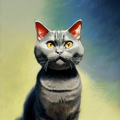 Prompt: A Scottish Shorthair gray cat standing up, by studio ghibli painting, by Joaquin Sorolla rhads Leyendecker, An aesthetically pleasing, dynamic, energetic, lively, well-designed digital art, by Ohara Koson and Thomas Kinkade, traditional Japanese colors, superior quality, masterpiece