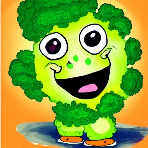 Prompt: a children illustration of a smiling happy broccoli, he is dancing, vivid bright colors