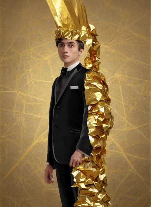 Image similar to young handsome Camilo as a paper man wearing a golden crown and a black tissue paper prince tuxedo by Prada. ethereal, fantasy, Lawrence Alma-Tadema, James Jean, oozium, peter morbacher, angelarium, alchemy, luxury, heavenly light, Soft illumination, Trending on artstation, Cinematic Lighting, very detailed, 3D, octane render, artgerm