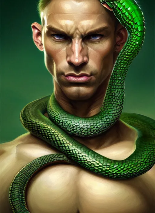 Image similar to portrait of aggressive snake humanoid, d & d, muscular!, green, fantasy, intricate, elegant, highly detailed, digital painting, artstation, concept art, smooth, sharp focus, illustration, art by artgerm and greg rutkowski and alphonse mucha