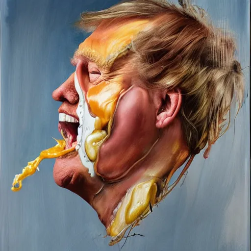 Image similar to realistic painting by jenny saville of donald trump licking a cheeseburger, art by jenny saville and tom bagshaw, detailed, sharp, smooth