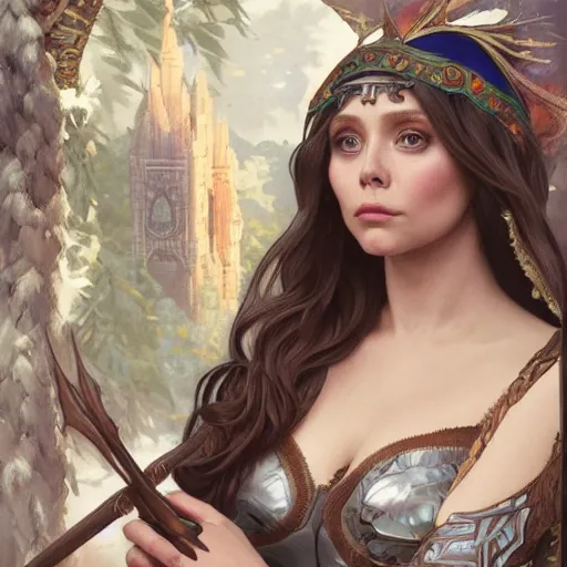 Image similar to Elizabeth Olsen as a elf archer, cute, fantasy, intricate, elegant, highly detailed, centered, digital painting, artstation, concept art, smooth, sharp focus, illustration, art by artgerm and H R Giger and alphonse mucha