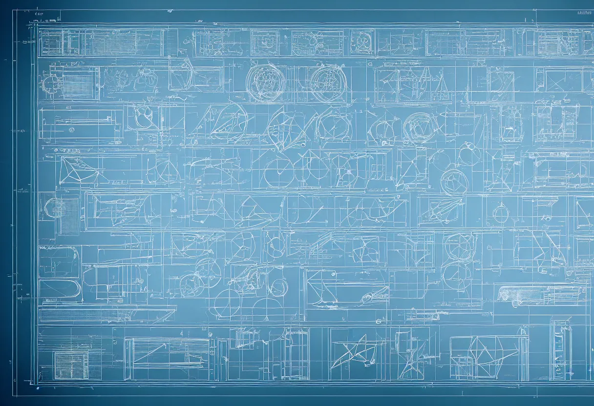 Image similar to blueprint, seriosly, complex geometry, detailed, artstation, 8 k, sci - fi, pastel colors, props, panel, concept, simon stalenhag, blueprint, items and gadget, big medium small, blueprint, vintage