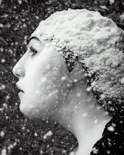 Prompt: a woman's face in profile, made of a snow capped Swiss mountain, in the style of the Dutch masters and Gregory Crewdson, dark and moody