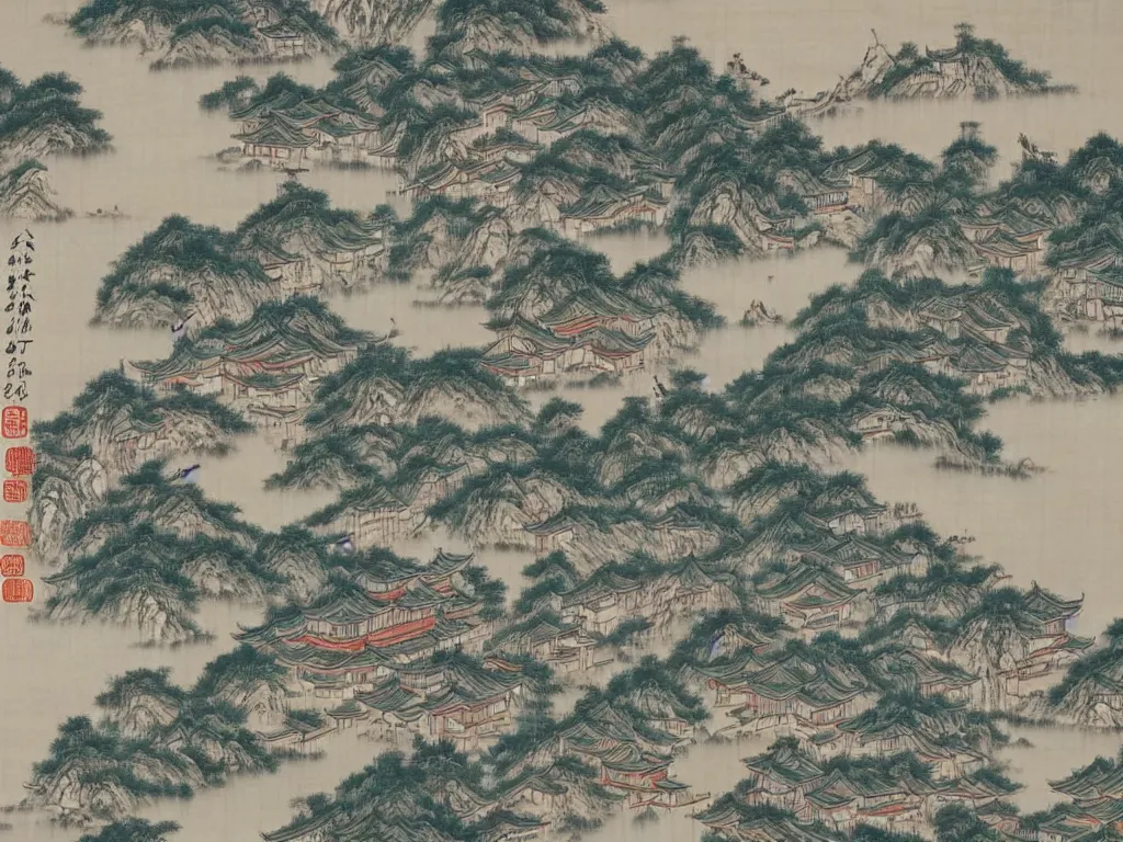 Image similar to traditional chinese painting of a modern megapolis