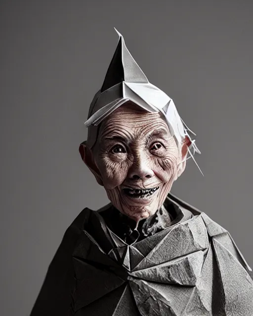 Image similar to an origami wrinkled old witch by akira yoshizawa, realistic, very detailed, complex, intricate, studio lighting, bokeh, sigma 5 0 mm f 1. 4