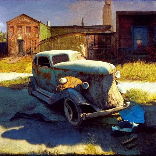 Prompt: a rusted car covered with a blue tarp, parked in an alley, painted by grant wood and andrew wyeth and thomas moran and edward hopper ; afternoon sunlight