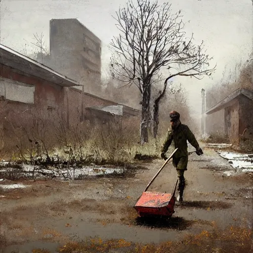 Image similar to painting by jakub rozalski of a person walking with a wheelbarrow in an abandoned post soviet town infested with root monsters