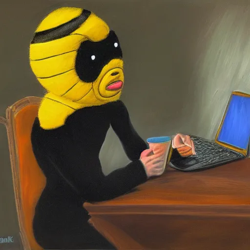 Image similar to tired man in a bumblebee costume drinks coffee in front of a laptop, highly detailed, masterpiece, cartoon, oil on canvas