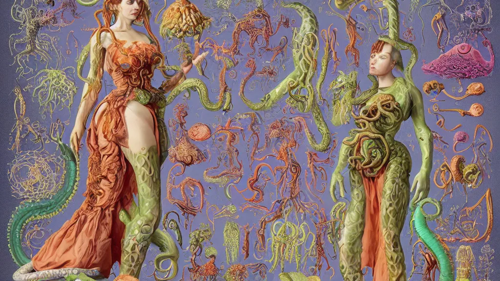 Image similar to highly detailed colorful character sheet for a stocky alien extraterrestrial victorian female servant maid with thick snake - like tentacles instead of hair, long dress with apron, ernst haeckel, jim henson creature shop, digital art, trending on artstation, hd, 8 k, good lighting, beautiful, rough paper, masterpiece