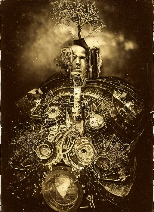 Image similar to old wetplate daguerreotype, portrait of a futuristic time traveler, explosion of data fragments, fractal, intricate, elegant, highly detailed, parallax, leica, medium format, subsurface scattering, by jheronimus bosch and greg rutkowski and louis jacques mande daguerre