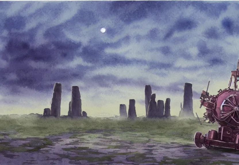 Image similar to a hyperrealist watercolor concept art from a studio ghibli film showing a giant grey mechanized crocodile from howl's moving castle ( 2 0 0 4 ). stonehenge is under construction in the background, in the rainforest on a misty and starry night. by studio ghibli