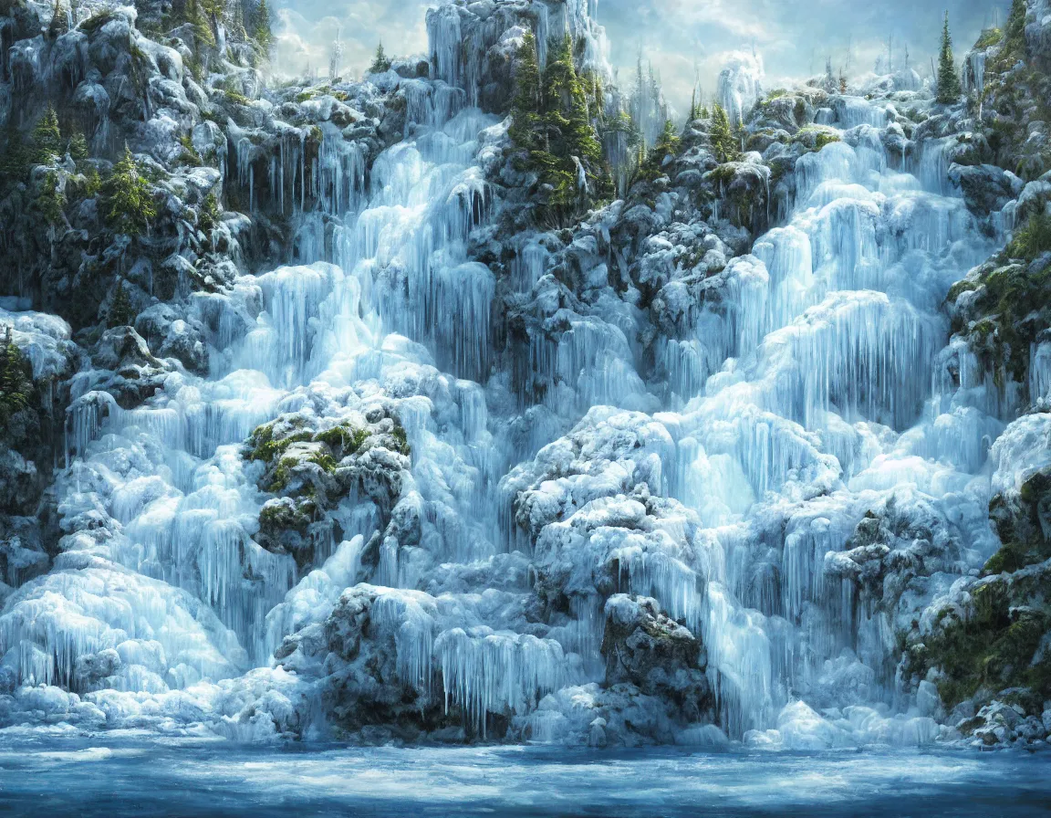 Image similar to hyper realistic oil painting of frozen sphere island with waterfall, floating in the air, hd, hdr, by stanisław wyspianski, ultra detailed, high resolution