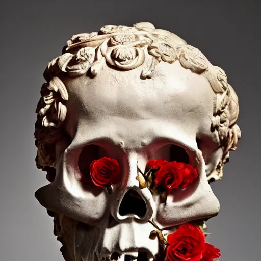 Image similar to a man in the form of a Greek sculpture with a mask in the form of a skull and wreath of flowers skulls in hands dressed in a biomechanical dress, red white and gold color scheme, baroque, by Michelangelo