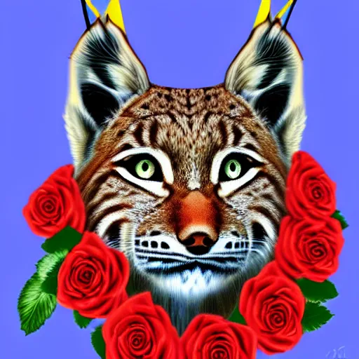 Prompt: lynx wearing Caesar's crown made out of roses, Caesar's crown, an expressive digital painting, high quality art,