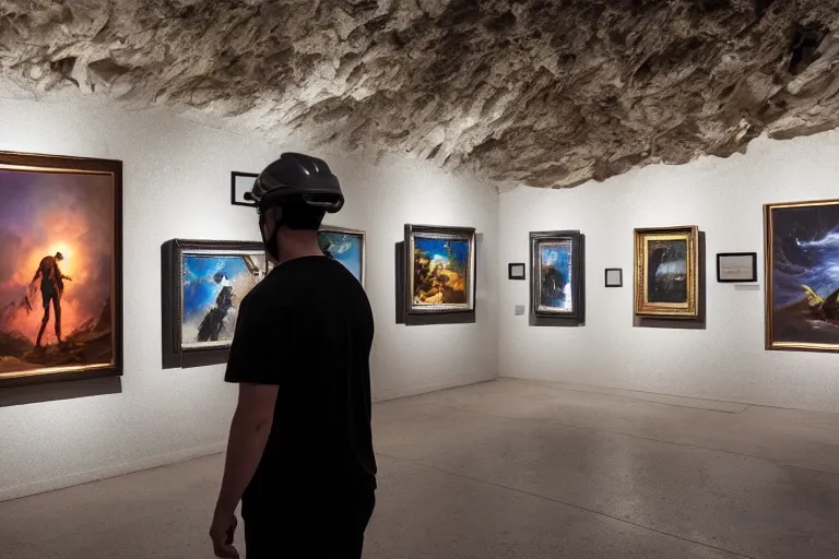 Prompt: a guy with a helmet explores an art gallery full of pictures, digital art, by dan mumford, by greg rutkowski, in a cave, volumetrics, octane render