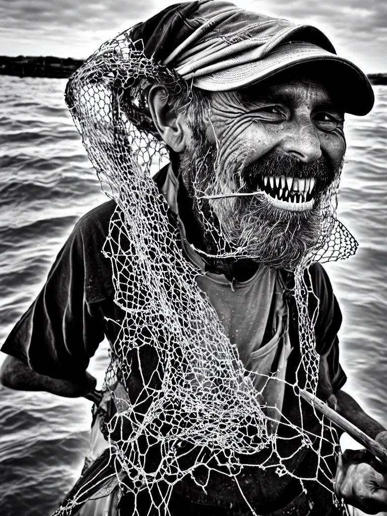 Prompt: an imperfect journalistic portrait of a fisherman, after he has caught a fractal cluster of chimeric biomechanical humans in his net. he grins proudly, baring his gargantuan razor sharp teeth like blades of a professional food processor