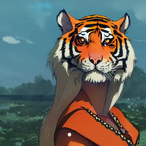 Image similar to a tiger wearing a dress, illustration concept art anime key visual trending pixiv fanbox by wlop and greg rutkowski and makoto shinkai and studio ghibli and kyoto animation symmetrical facial features