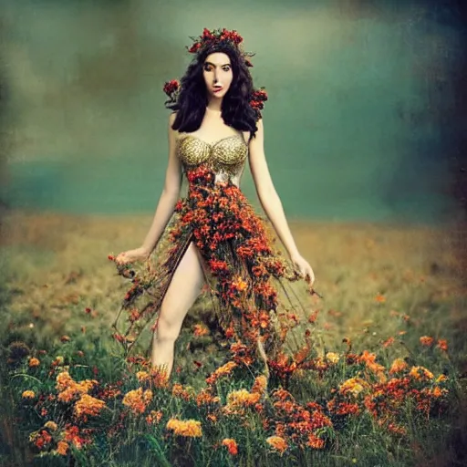 Prompt: full body fine art photo of the beauty gal gadot, she has a crown and a dress made of dried flowers done by oleg oprisco