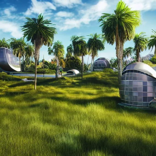 Prompt: futuristic community suburb ultrarealistic 150mpx landscape photography grass trees houses photorealistic 8k