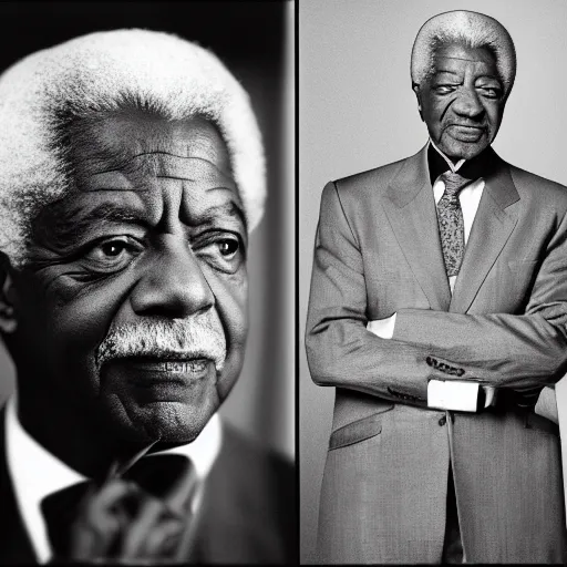 Image similar to black and white photo, portrait of kofi annan by richard avedon, realistic, Leica, medium format, cinematic lighting, parallax, high resolution,