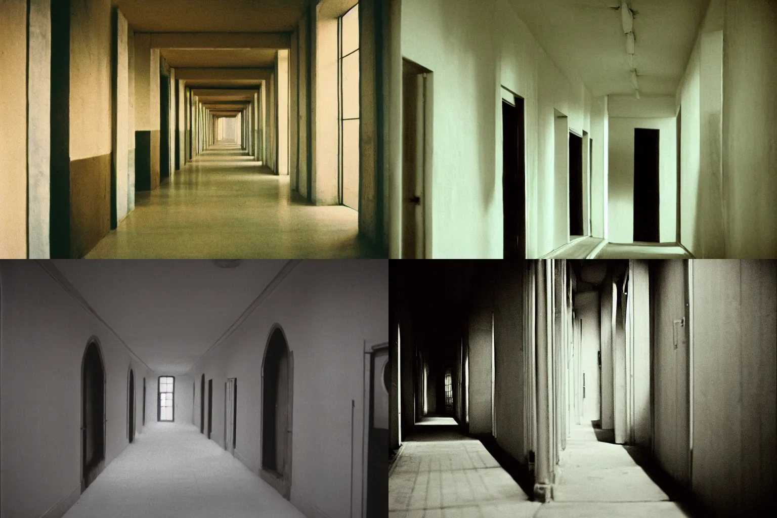 Prompt: long dark hallway, cinestill eastmancolor, deep shadows, bright eyes staring from behind the shadows