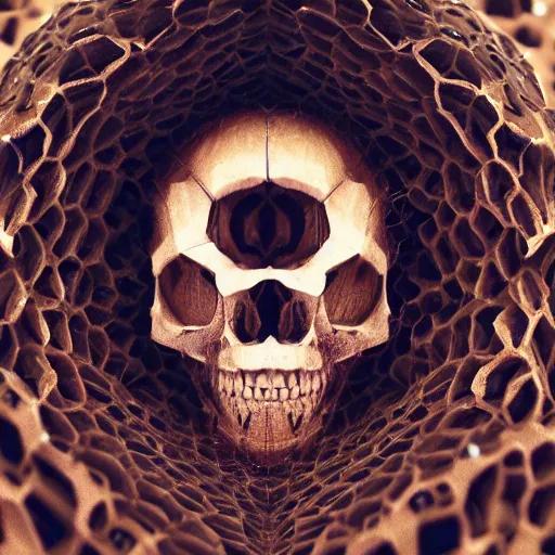 Image similar to extreme closeup photo of a hornet nest in the shape of a skull, by Artgerm and Beeple, 3D render,subsurface scattering,global illumination,raytracing,studio lighting, lens flare,bokeh,cinematic,photorealistic, 4K, UHD, HDR